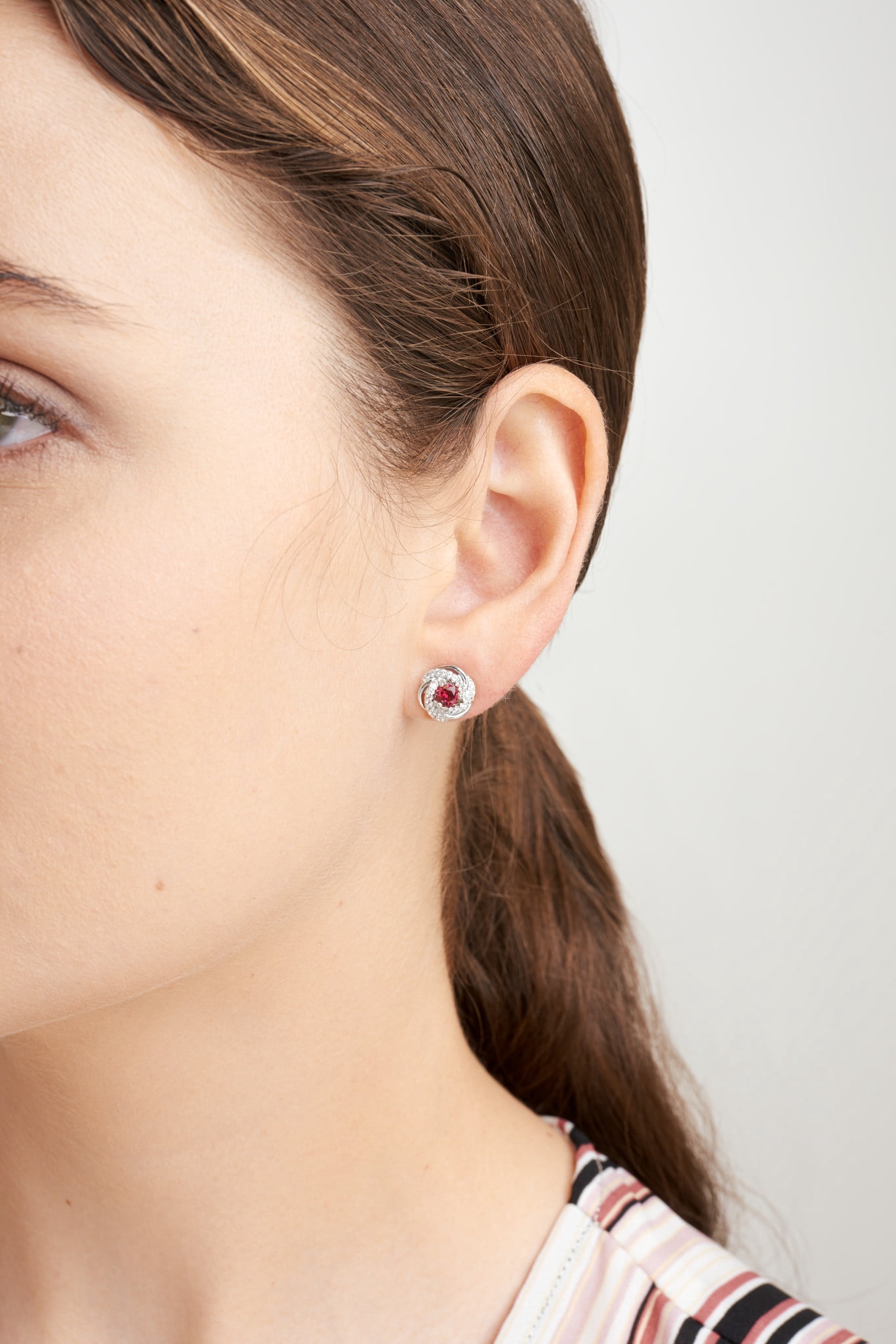 Rhodium Plated Sterling Silver Created Ruby July Birthstone Love Knot Stud Earrings for Women Gift for Her