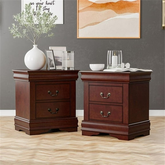 Maklaine Transitional Wood 2-Drawer Nightstand in Cherry (Set of 2)