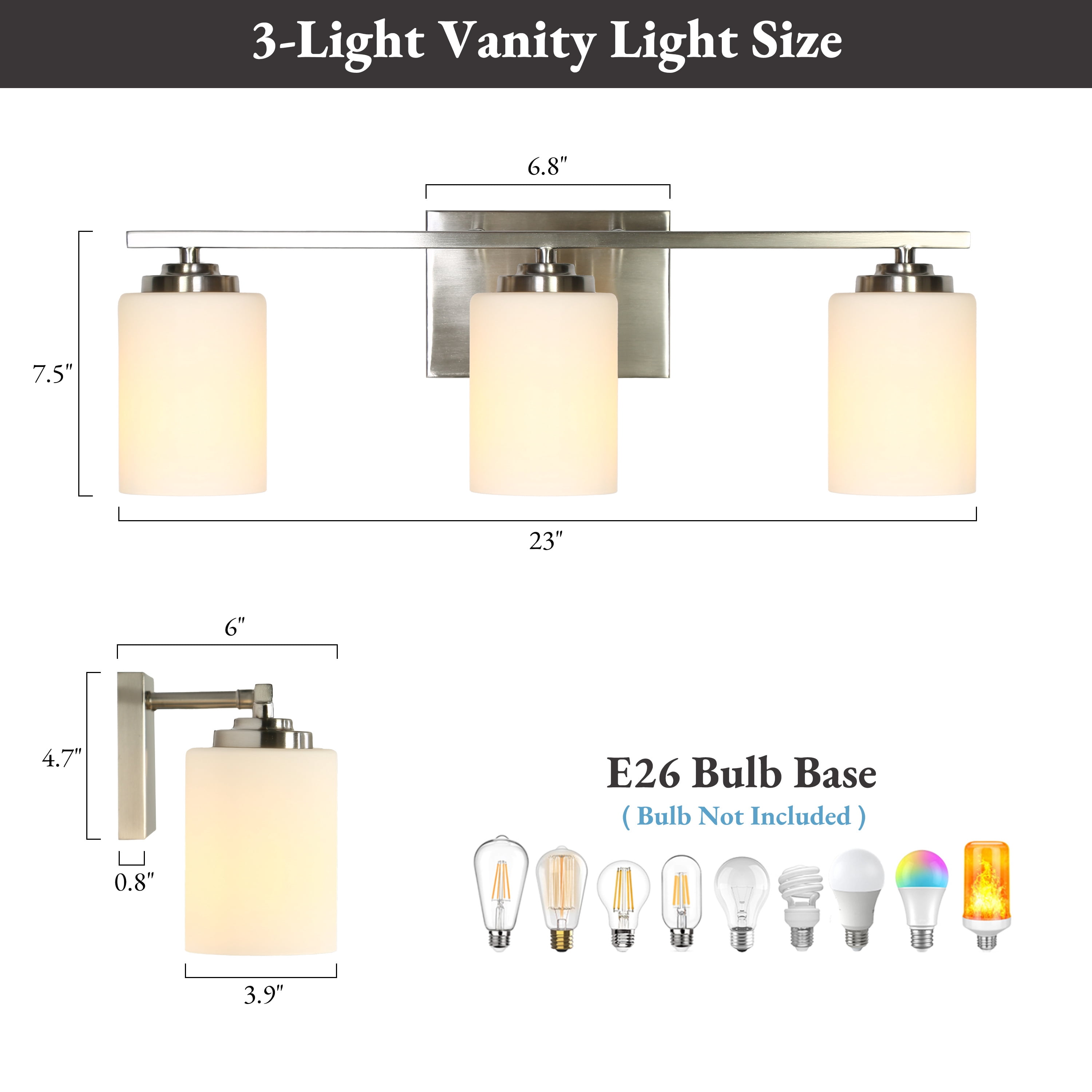 LNC 3-Light Bathroom Vanity Fixture with White Frosted Glass Shades, Brushed Nickel Finish
