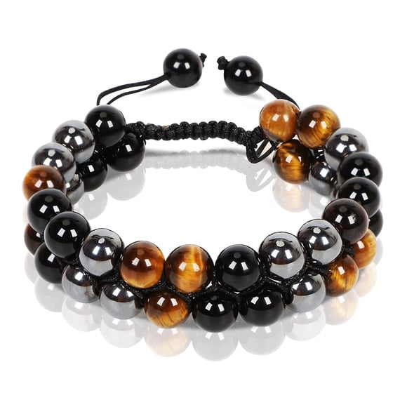Triple Protection Bracelet for Women Men 8mm Black Obsidian Hematite Tigers Eye Stone Bracelet Handmade Healing Crystals Beads Bracelet Anxiety Relief Bring Luck Prosperity and Happiness Bracelet