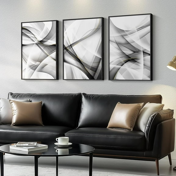 Framed Black and White Abstract Wall Art, 3 Piece Canvas Prints Paintings Artwork for Walls, Modern Minimalist Gold Beige Block Pictures for Living Room Hallway Office Wall Decor 16x24 Inch