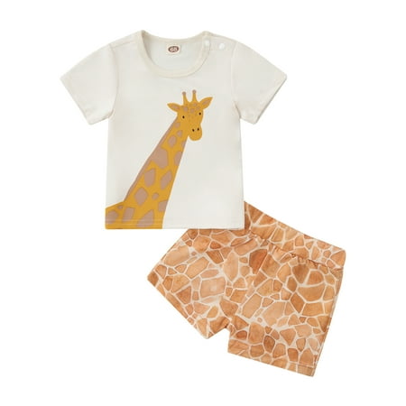 

Nokpsedcb Infant Baby Girls Boys Summer Outfits Cartoon Animal Print Short Sleeve Tops + Elastic Casual Shorts Sets Orange Giraffe 6-9 Months