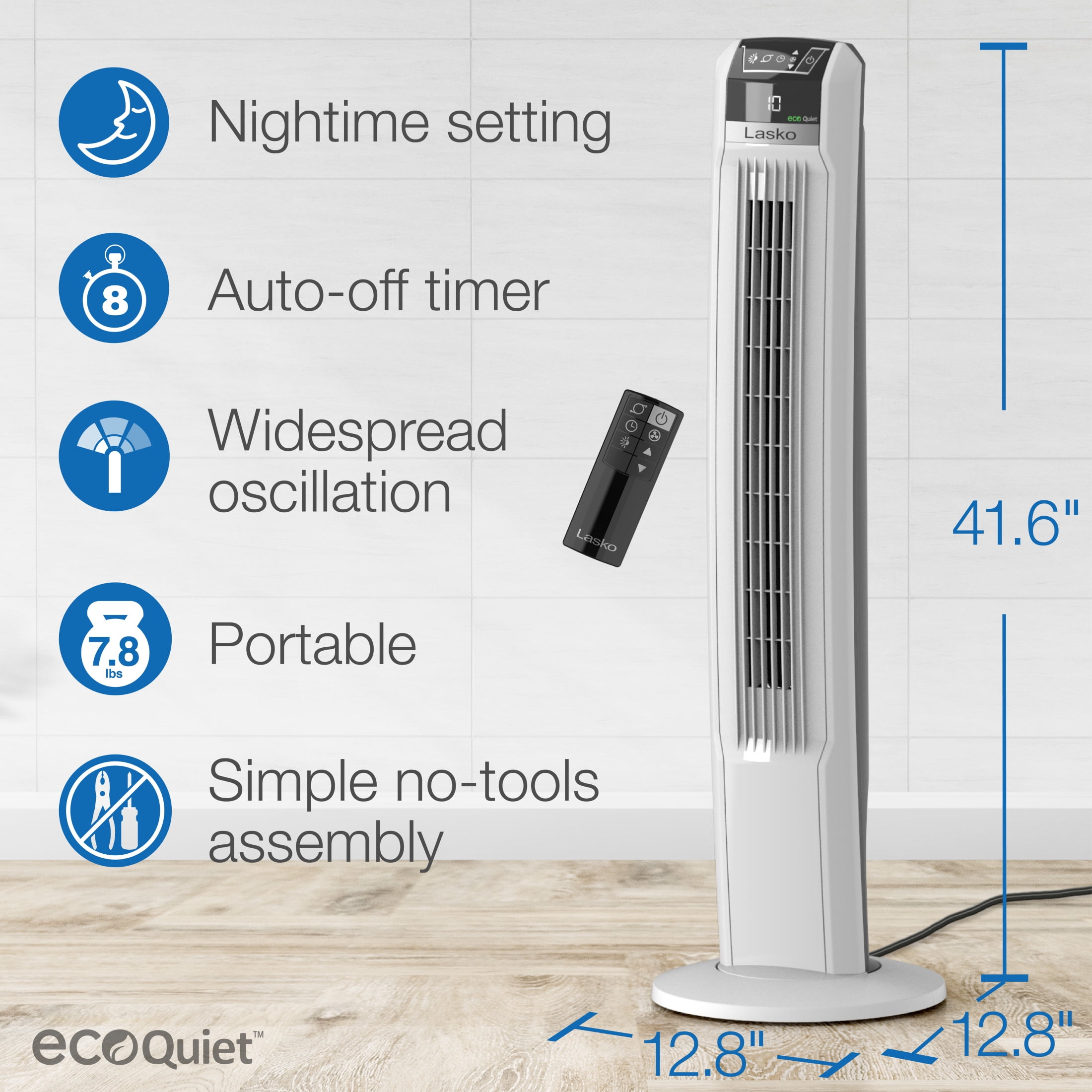 Lasko EcoQuiet 12-Speed Remote Controlled DC Motor Oscillating Tower Fan, T42710