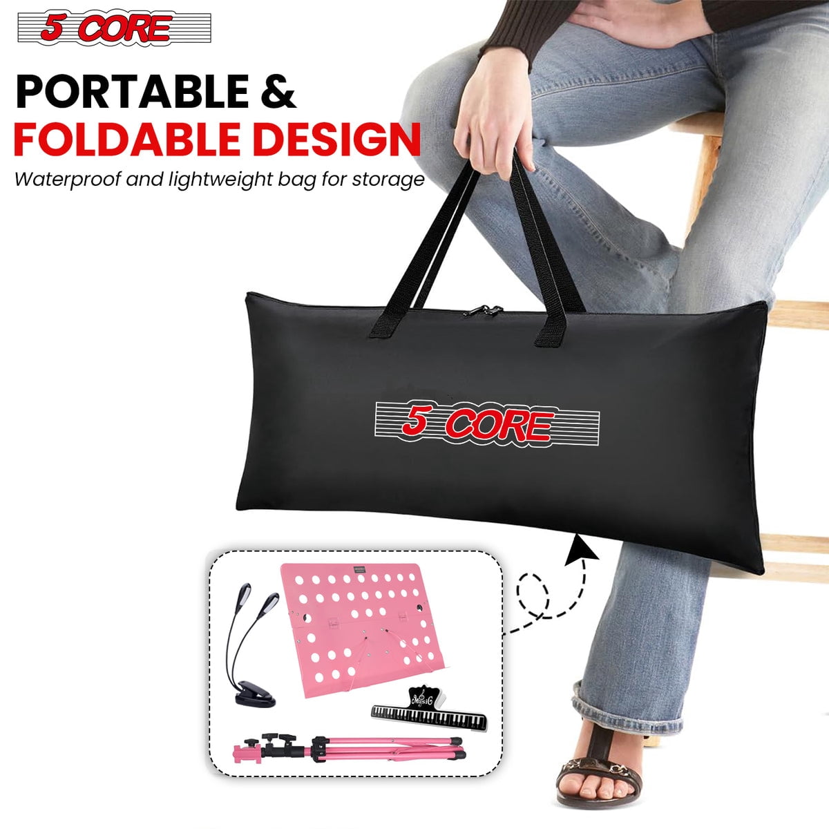 5Core Music Stand For Sheet Music Portable Tripod Adjustable Folding Note Holder PINK