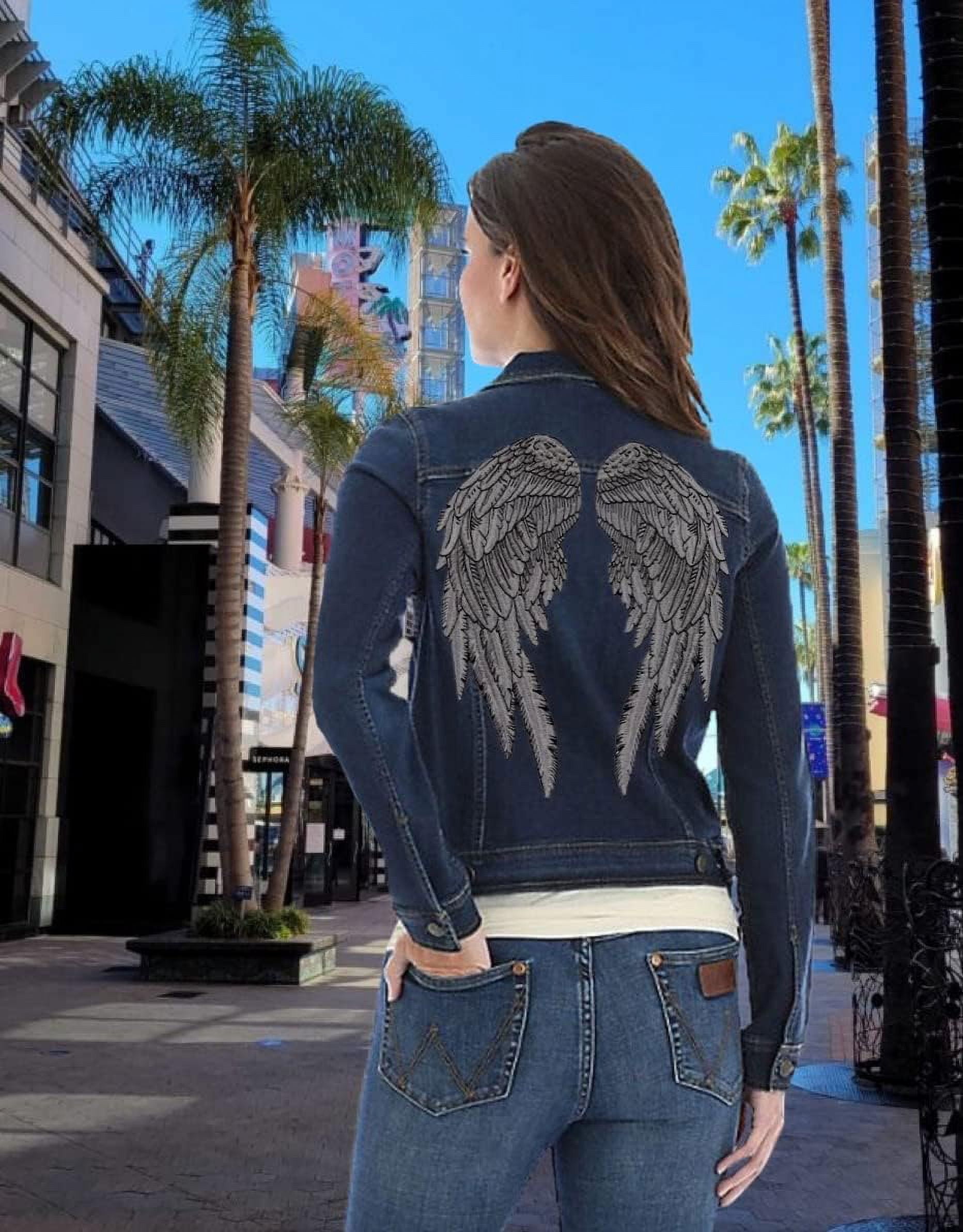 Reflective Angel Wing Patches 14" | "Saints & Sinners" Black Realistic Wings & Feathers Light Activated Guardian Angels Back Patch | Embroidered Iron On | Large 2pc. Set - by Nixon Thread Co.