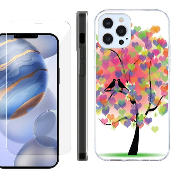 Slim Fit Protective Phone Case for Apple iPhone 12 / iPhone 12 Pro, with Tempered Glass Screen Protector, by OneToughShield ® - Color Hearts Tree