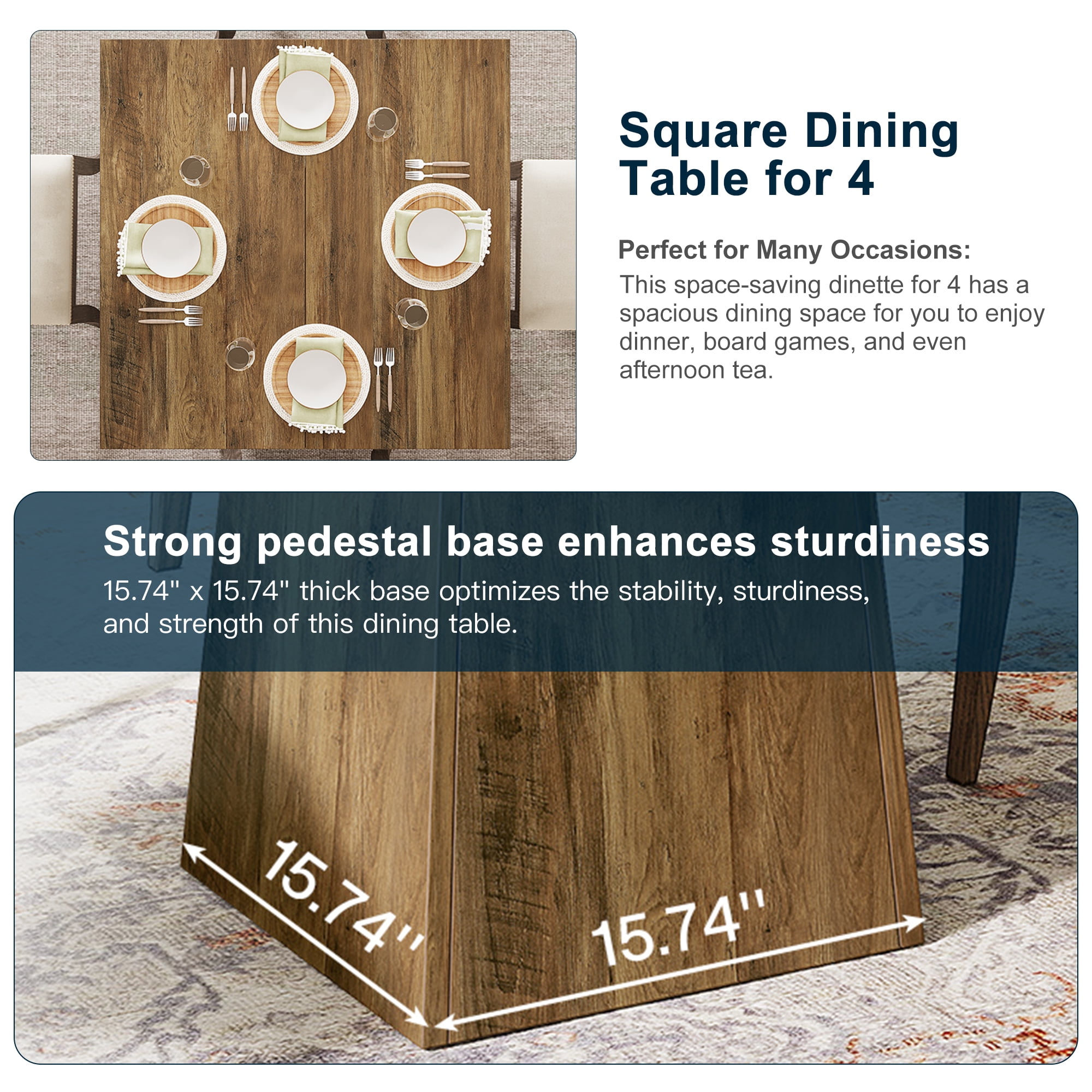 Demi Bonn 31" Modern Square Dining Table for 4 People, Wood Farmhouse Kitchen Dinner Table for Dining Room, Living Room Furniture, Brown