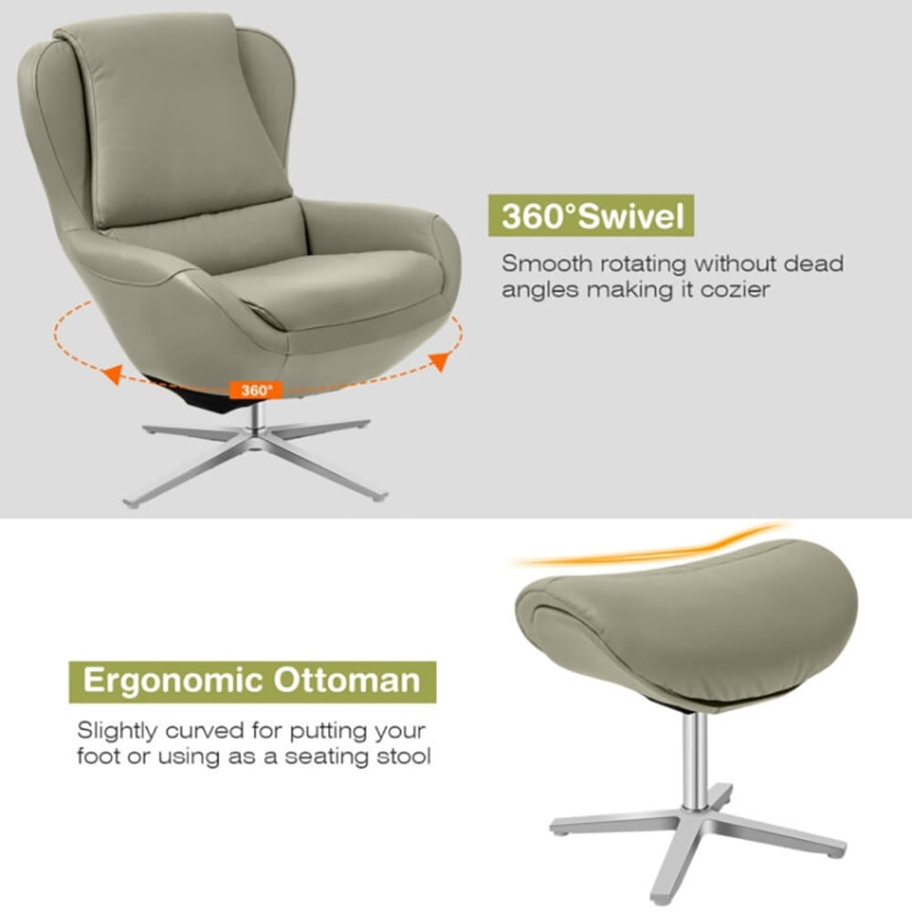 Finihen Leather Soft Upholstered Recliner with Ottoman Footrest, 360° Swivel Leather Lounge Chair with Ottoman and Aluminum Alloy Base, for Living Room, Bedroom, Gray Finihen Leather Soft Upholstered Recliner with Ottoman Footrest, 360° Swivel Leather Lounge Chair with Ottoman and Aluminum Alloy Base, for Living Room, Bedroom, Gray