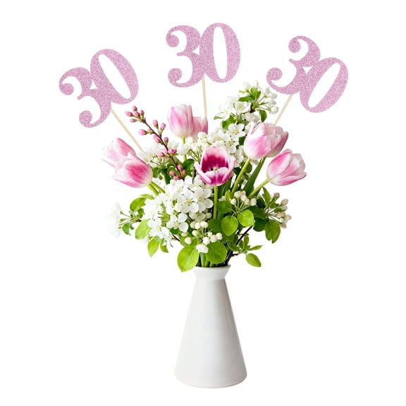 Uxcell 12Pcs 30th Birthday Centerpiece Sticks, Glitter Cupcake Picks Glitter Cupcake Toppers Number Cake Toppers for Birthday Party Anniversary Decoration, Pink