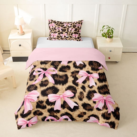 spefrowx Leopard Print Bow Twin Duvet Cover for Kids, Pink Brown Ribbon Twin Bedding, Pink Reversible, 2 Pieces, 1 Duvet Cover and 1 Pillowcase