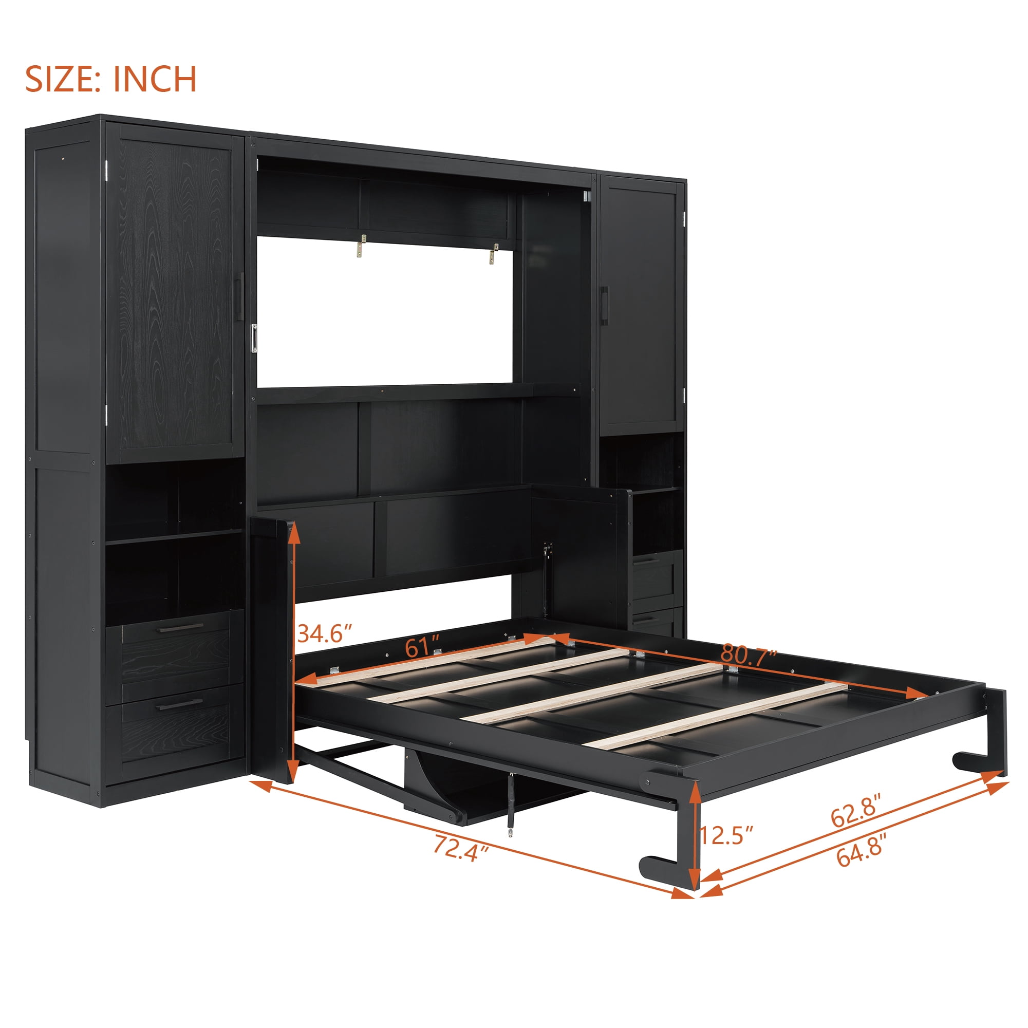 Queen Size Murphy Bed with 2 Closet, 4 Drawers and Open Shelves for Small Space, Guest Room