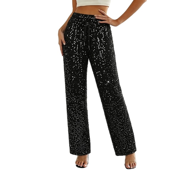 ClodeEU Women's Drawstring High Waist Glitter Sequin Wide Leg Pants,Casual Loose Trousers ,Women's Plus L