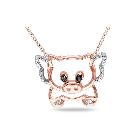 Black and White Accent Diamond Pigs Can Fly Charm Pendant Necklace in Sterling Silver with Chain for Women