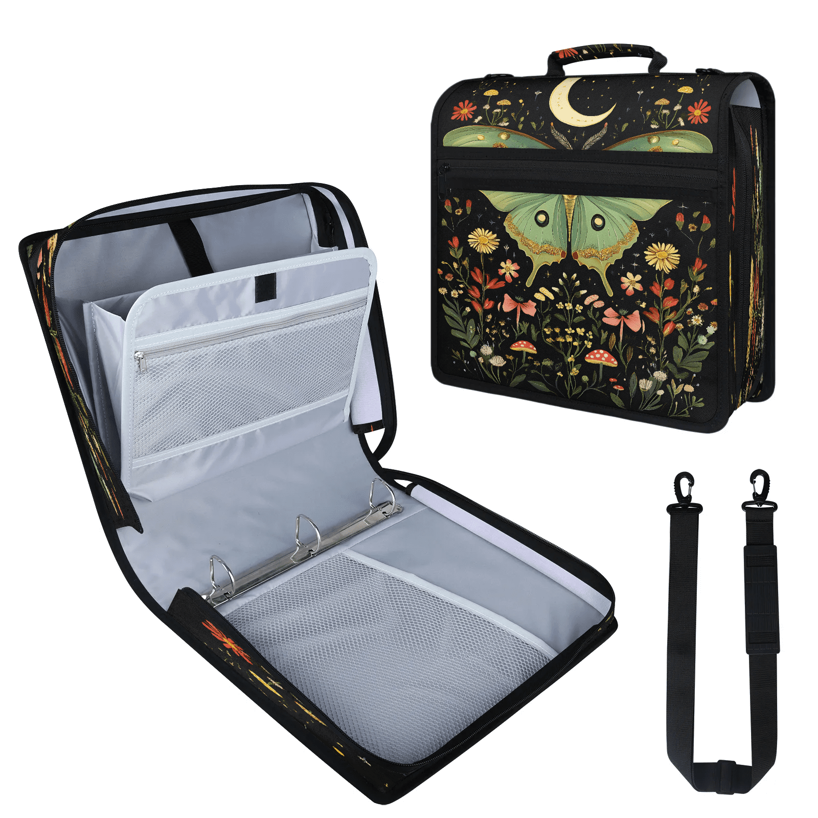 Herdesigns Butterfly Zipper Binder with Shoulder Strap, Waterproof 1.5 Inch 3 D-Ring Binder Organizer Bag, Fits 13 Inch Laptop for Work, Floral