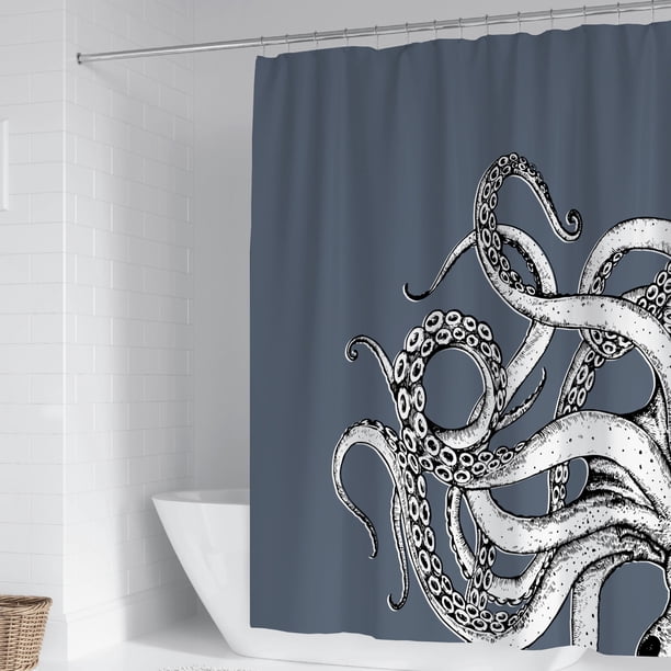 Naiovety Declaración en el baño, cortinas de ducha divertidas, tela gótica de animales de monstruo marino en blanco y negro Juegos de accesorios de baño YL490-7