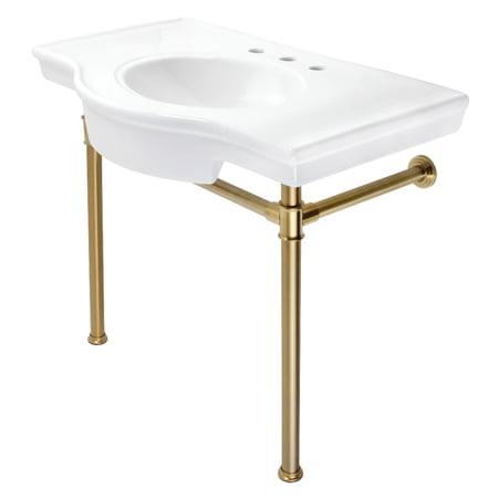 Kingston Brass VPB1377ST Templeton 37" Ceramic Console Sink with Stainless Steel Legs (8-Inch, 3-Hole), White/Brushed Brass