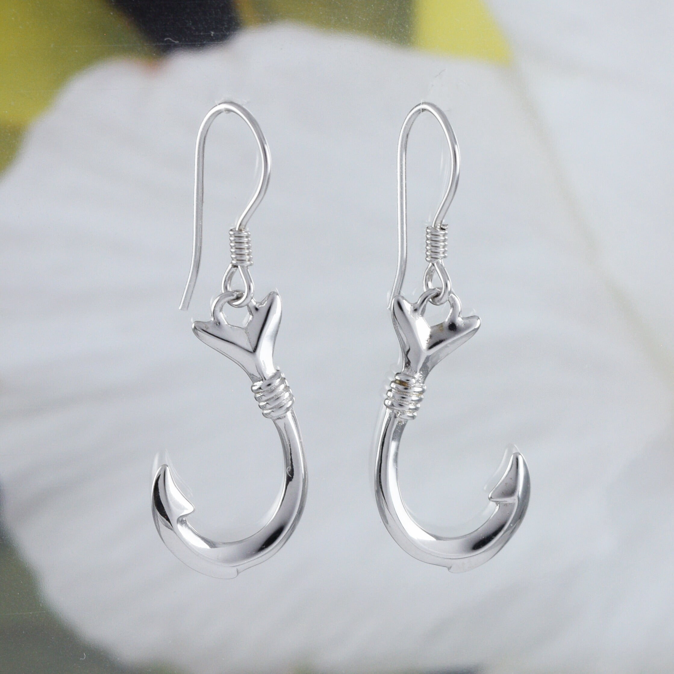 Unique Hawaiian Large 3D Fish Hook Earring, Sterling Silver Fish Hook Dangle Earring, E4140A Valentine Birthday Anniversary Wife Mom Gift
