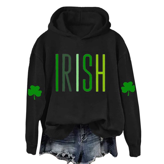 New & Trending!FUNUONY St. Patrick's Day Womens Hoodies Women's Long Sleeved St. Day Printed American Flag Hooded Top Black L