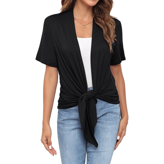 Uvplove Women's Casual Cardigan Short Sleeve Tieable Cardigan Black-XL