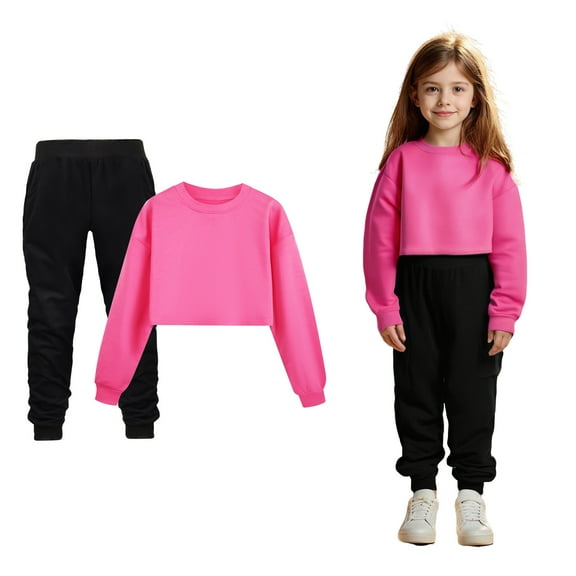 Girls Sets Long Sleeve Solid Crewneck Hot Pink Pullover Loose Sweatshirt Sweatpants 2 Pcs Fall Winter Clothes Boys Outfits Size 13-14 Years Boys Girls Fashion