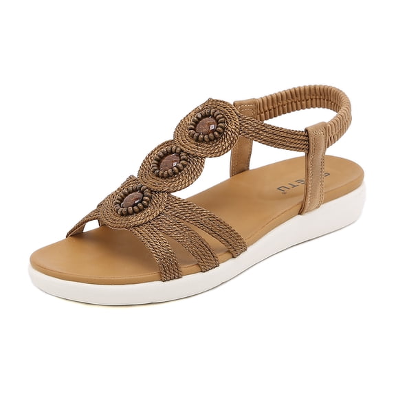 Sandals for Women Summer Flat Shoes With Rhinestone Beaded Elastic Ankle Strap Casual Beach Shoes Women Sandals Non Slip Breathable Dressy Sandal Outdoor