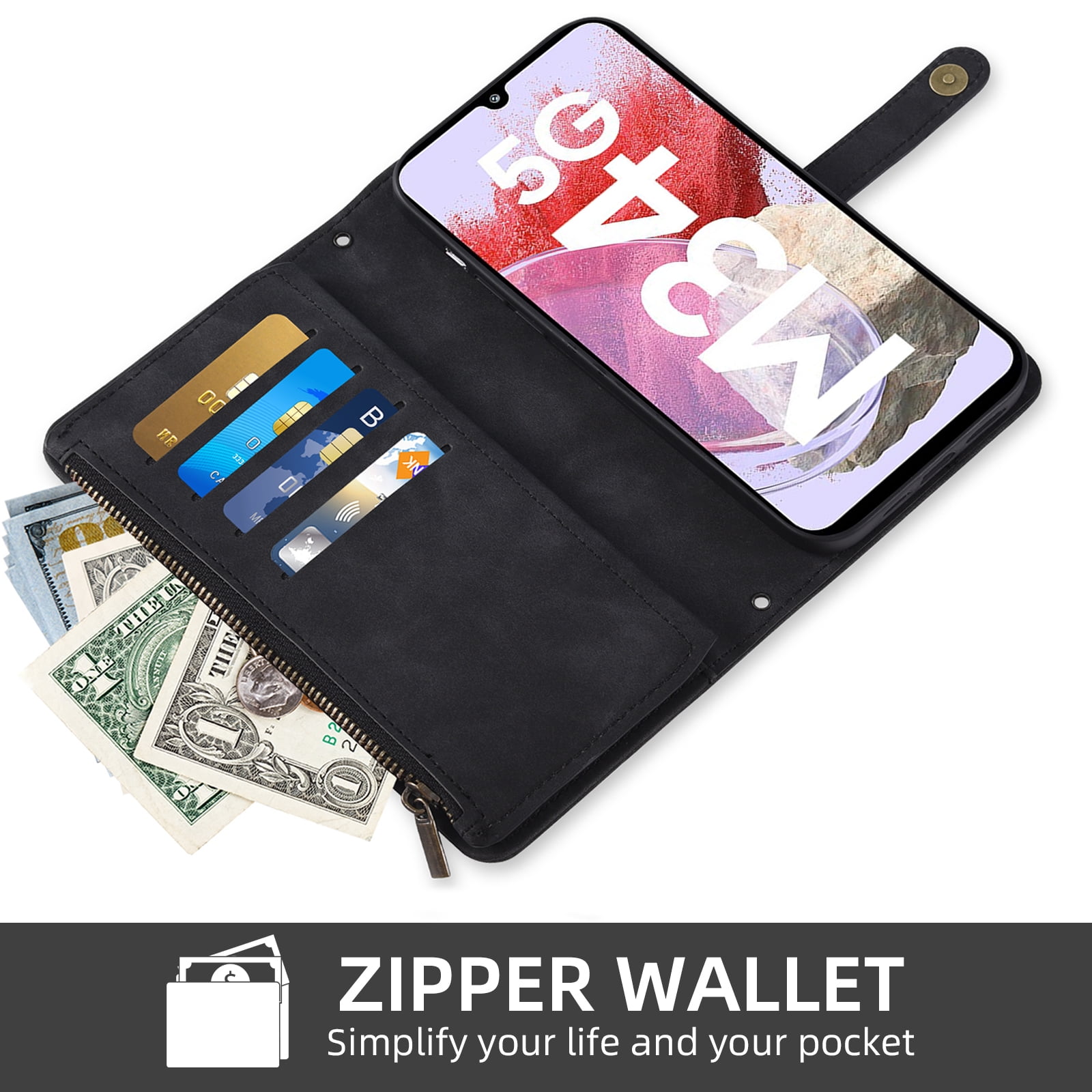 Asuwish Phone Case for Samsung Galaxy A25 5G/A24 4G/M34 /F34 Wallet Cover With Tempered Glass Screen Protector Crossbody Wrist Strap Flip Pattern Zipper Credit Card Holder Cell A 25 25A 24A LTE Black