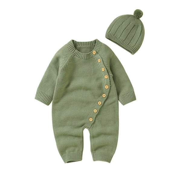 Otqutp Cute Bodysuits for Toddler Boy Girl Solid Knitted Sweater Baby Jumpsuit Romper Cotton Caps Hat Outfits Sets Clothes Elastic Waist 2PCS Fall Winter Clothes