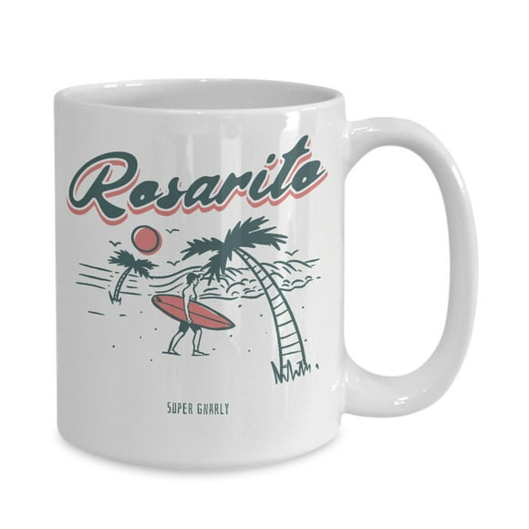 Vintage Surf Super Gnarly Rosarito Beach Surfer White Gift coffee mug