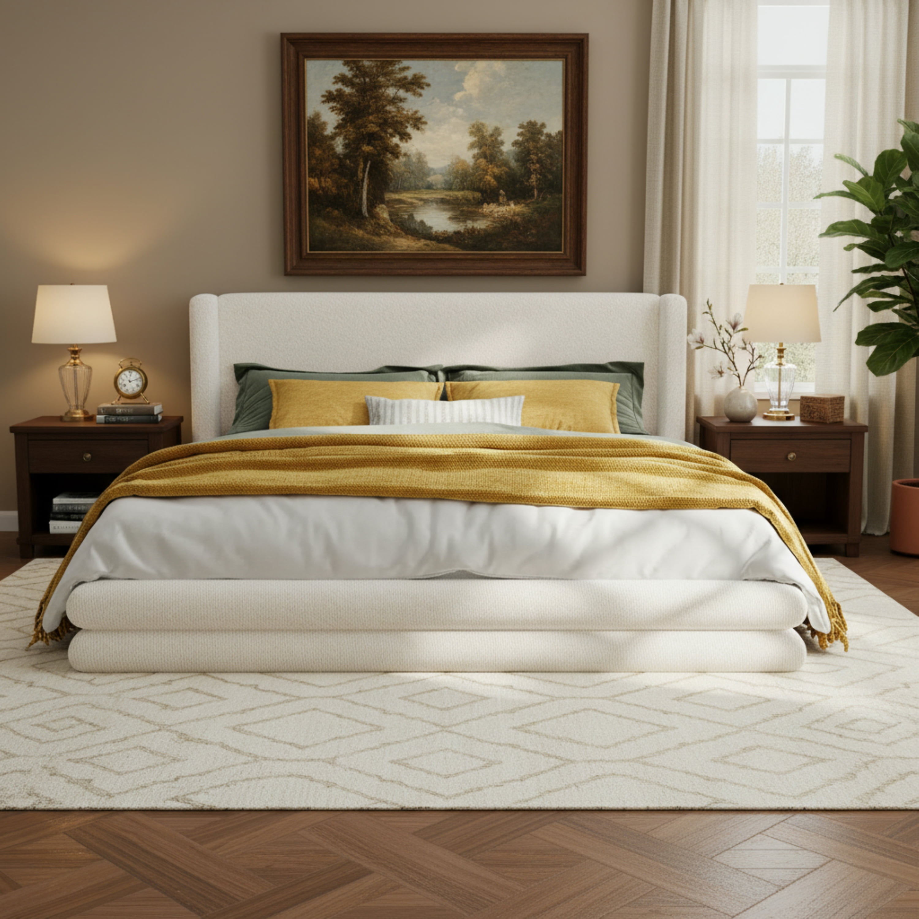 King Size Upholstered Bed Frame with Boucle Thick Wingback Headboard, Platform Bed with Wood Slats for Bedroom, White