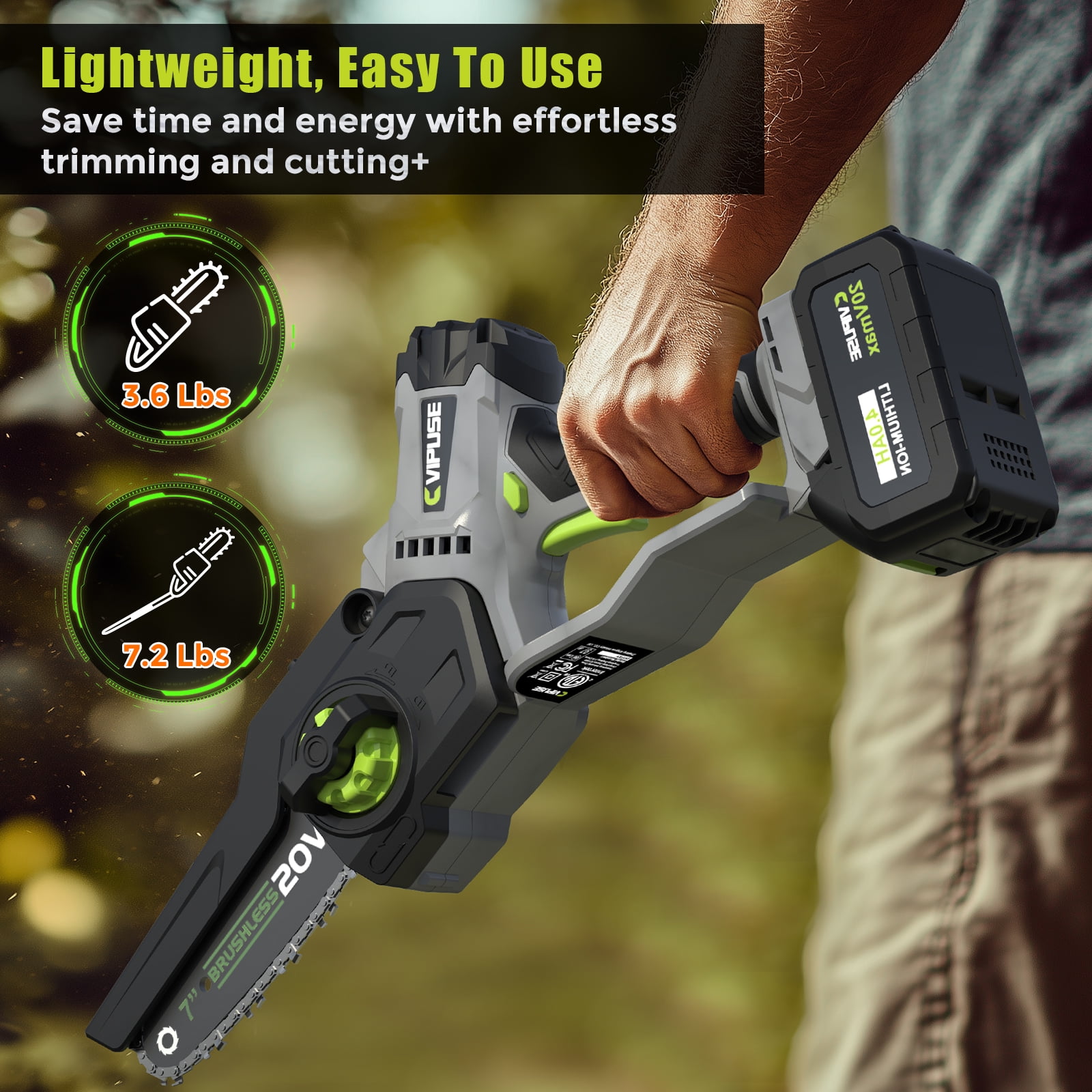 Vipuse 2-in-1 Cordless Pole Saw with Two 4.0Ah Rechargeable Batteries and 2.0Ah Fast Charger,16 FT Max Extension,7 Inch Mini Brushless Chainsaws for Tree Trimming