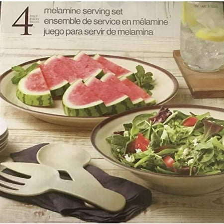 Four Piece Melamine Serving Set - Cream Color - Platter, Bowl, Fork and Spoon
