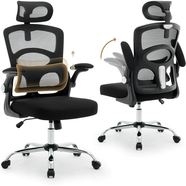 Chaise de Bureau Ergonomique en Maille, Chaise de Bureau à Dossier Haut et de Jeu avec Appuie-Tête Réglable, Pivotante à Roulettes, Roues, pour la Maison, le Bureau et la Salle de Jeu, Noir