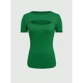 thumbnail image 3 of Womens Solid Color Round Neck Cutout Short Sleeve Slimming Fit Top Summer Blouse For Women, 3 of 5