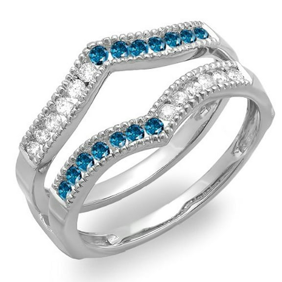 Dazzlingrock Collection 0.45 Carat (ctw) 14k Round White & Blue Diamond Ladies Millgrain Anniversary Wedding Band Guard Double Ring 1/2 CT, White Gold, Size 9