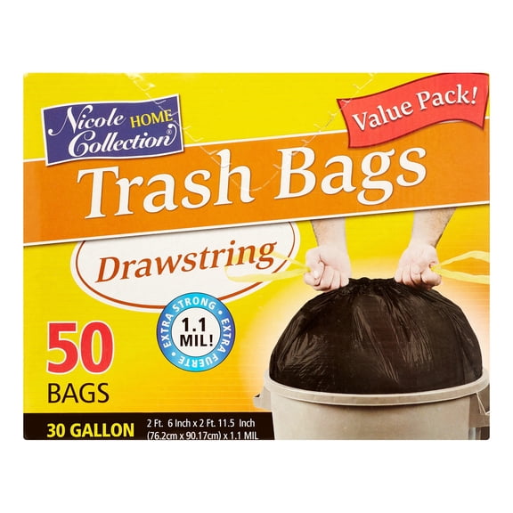 Nicole Home Collection Drawstring Trash Bags, 30 Gallon, Black, 50 Ct