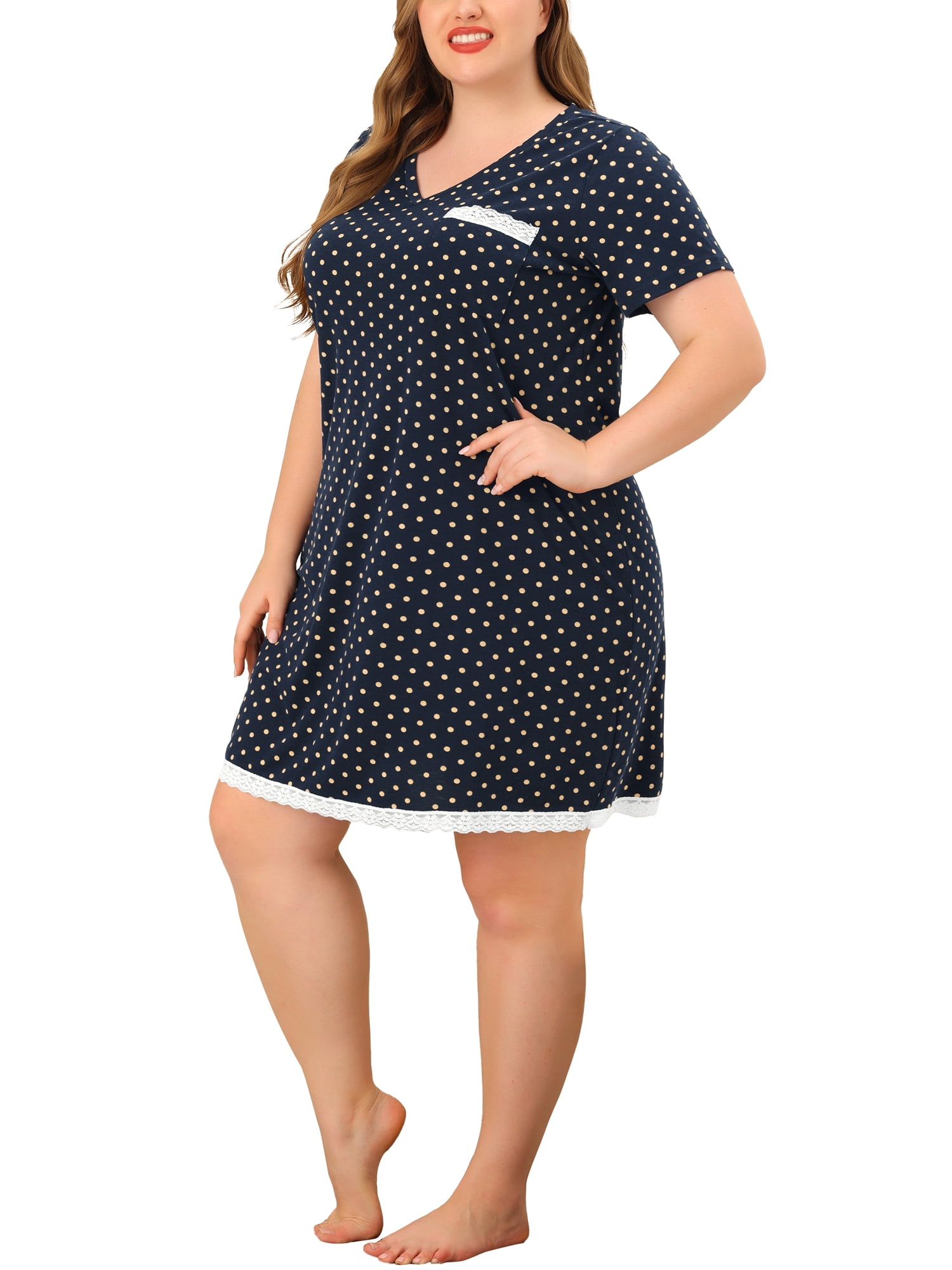 Unique Bargains Women's Plus Nightgown V Neck Dots Short Sleeve Sleepwear