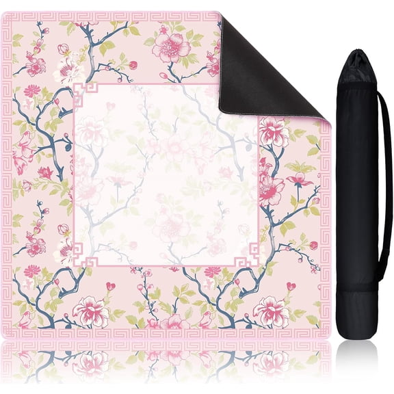 Chinoiserie Mahjong Mat with Carrying Bag – Pink and White Rubber Anti-Slip Noise Reduction Table Cover for Mahjong, Cards, Board Games, and Tile Games