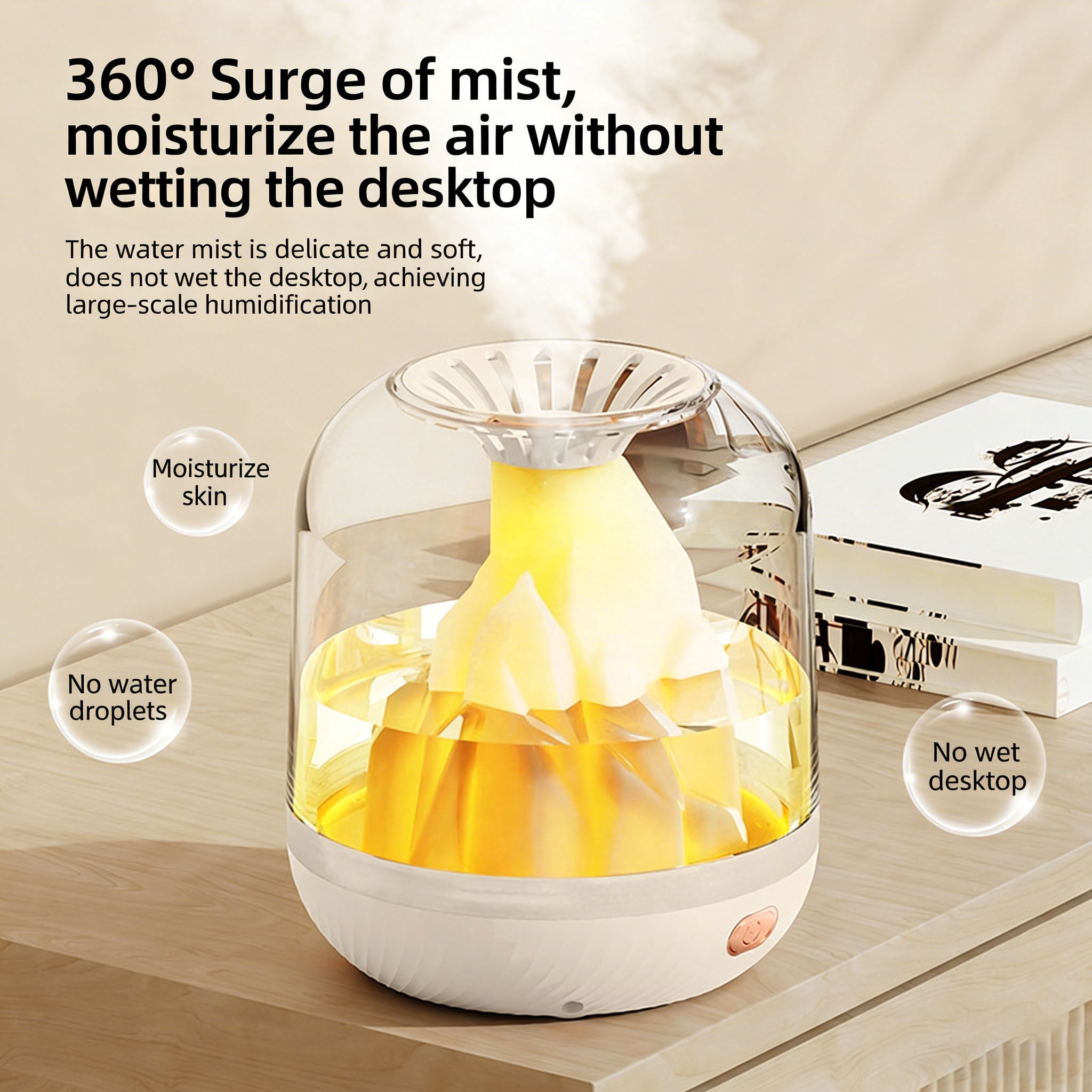Portable Small Cool Mist Humidifier – USB Powered (Rechargeable), Compact Desktop Humidifier for Plants, Office, Baby Room – Night Light – Beige, 900ML