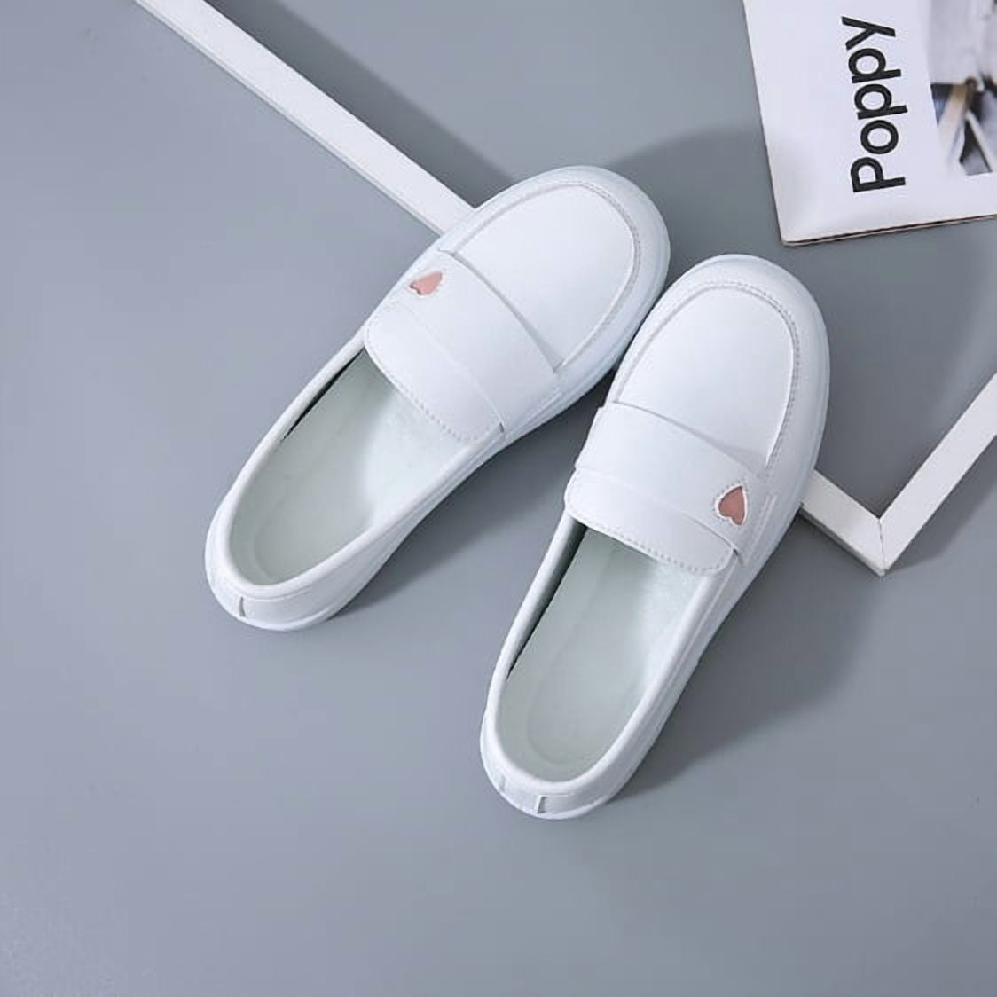 Women's White Slip-On Loafers with Heart Detail, Comfortable Casual Flat Shoes, Breathable Daily Wear Shoes for Women