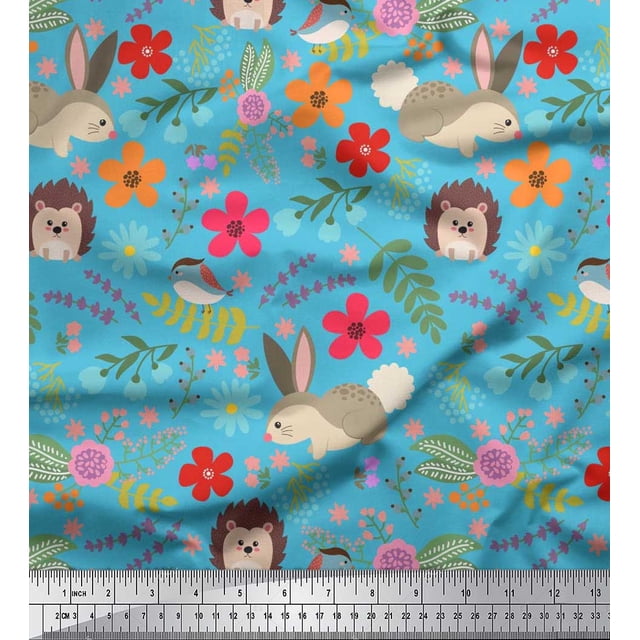 Soimoi Silk Fabric Floral,Rabbit & Porcupine Cartoon Print Sewing Fabric Yard 42 Inch Wide