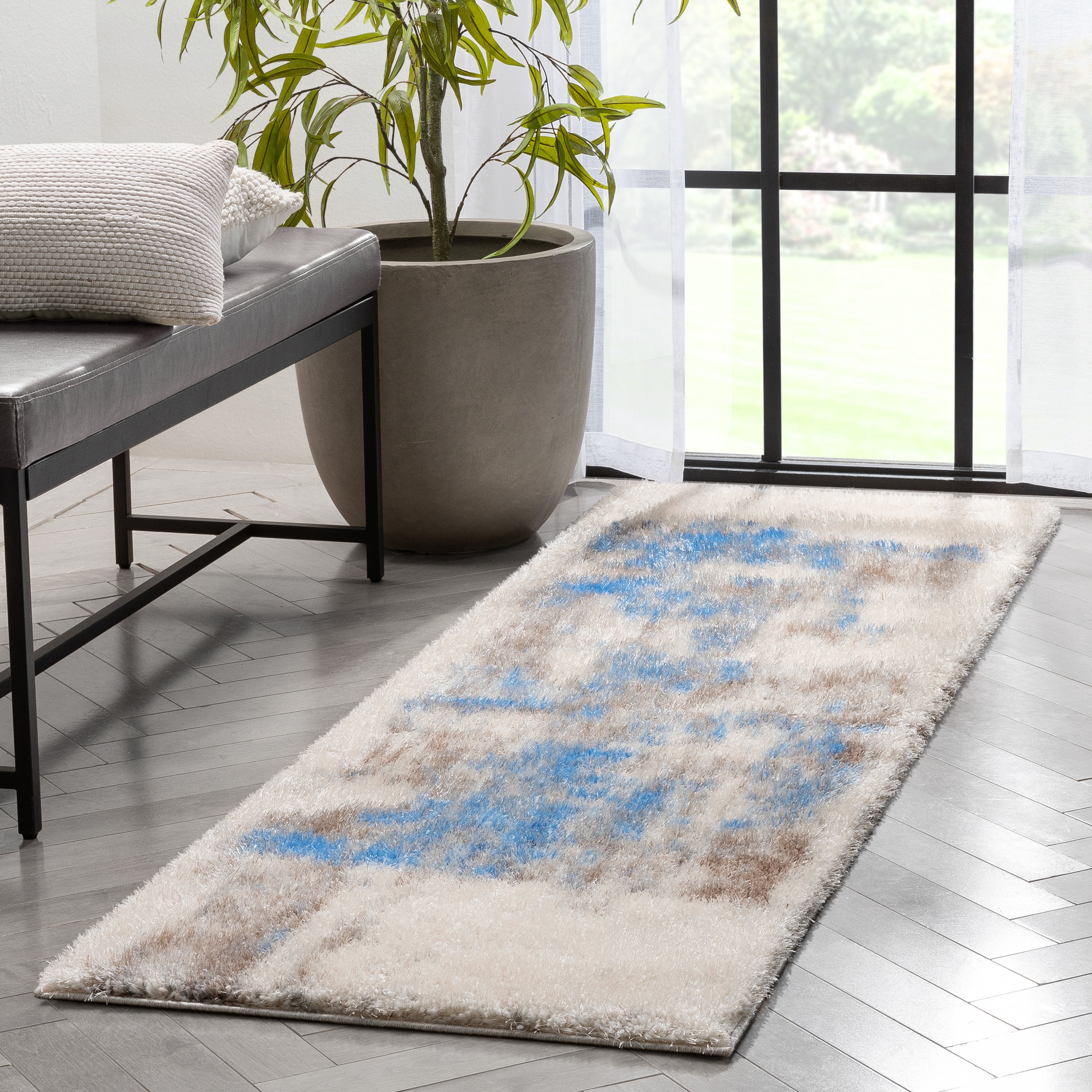 Well Woven Canyon Sariah Glam Shag Abstract Ivory Blue 2'3" x 7'3" Runner Rug