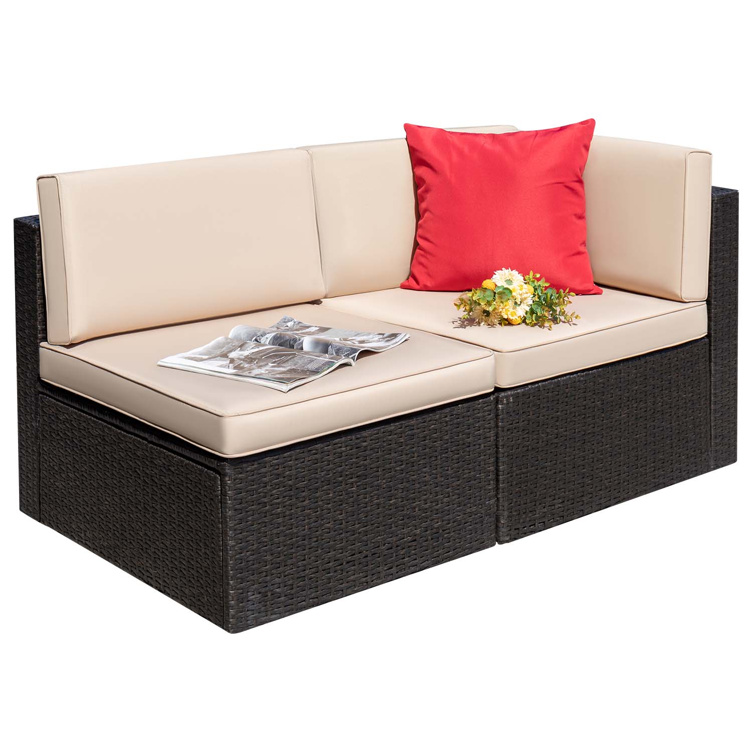 Devoko 2 Pieces Patio Sectional Set Outdoor Rattan Loveseat with Cushions & Red Pillow, Beige - image 3 of 6
