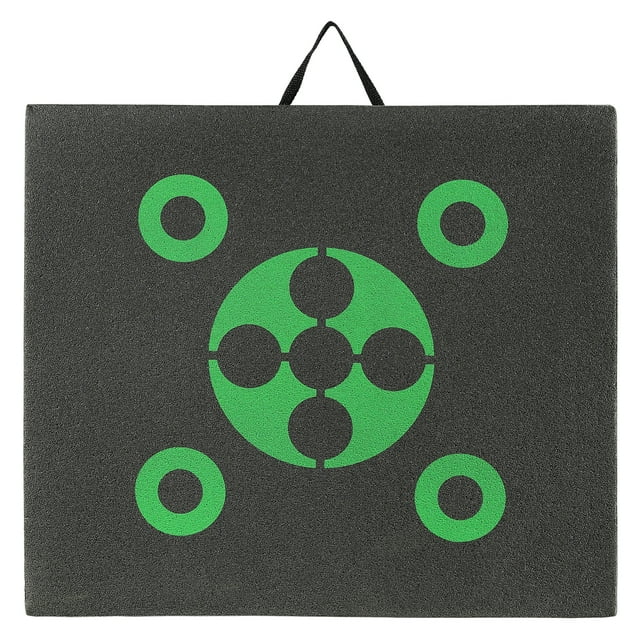 KFFKFF Archery Target, 16"x18" multi-directional shooting target with durable self-healing XPE foam surface, featuring high-visibility green aiming points on a black background. Lightweight and portable with a built-in handle for easy transport. Suitable for bows with up to 45-pound draw weight and recommended shooting range of 98-164 feet.
