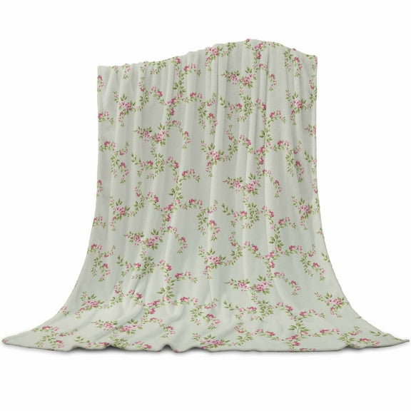 Vintage Rustic Floral Light Pink Roses Leaves Sage Green Flannel Blanket for Bed,Travel and Camping, Super Soft Cozy Blanket for All Seasons 30"x40"