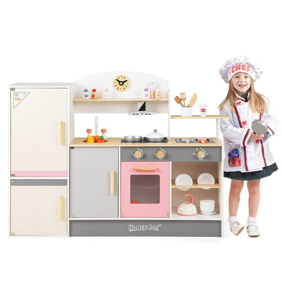 Costway Kids Chef Play Kitchen Set Toddlers Wooden Pretend Toy Playset with Range Hood