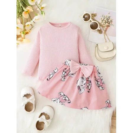 

Solid Color Striped Cotton Top & Cute Elephant Print Skirt With Bow For Baby Girls Toddler