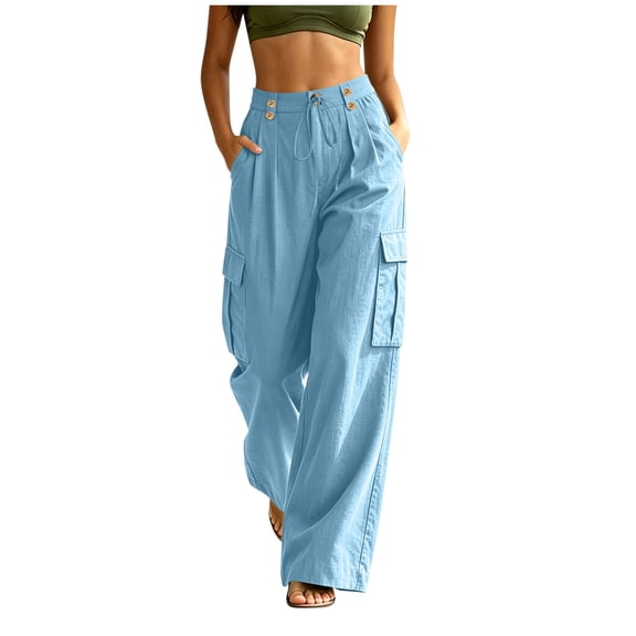 Kezqiaxn Womens Cargo Pants Plu Size Fashion Drawstring Elastic Waist Wide Leg Casual Loose Pants with Pockets
