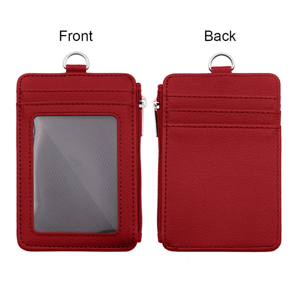 GOGO Badge Holder with Zip, Slim Double Sided PU Leather ID Card Holder Wallet Case with 5 Card