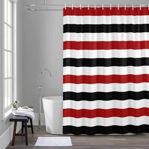 Red Black White Striped Shower Curtain for Bathroom Decor, Modern Minimalist Abstract Lines Waterproof Fabric Shower Curtain, 36"x72" Set with 12 Hooks