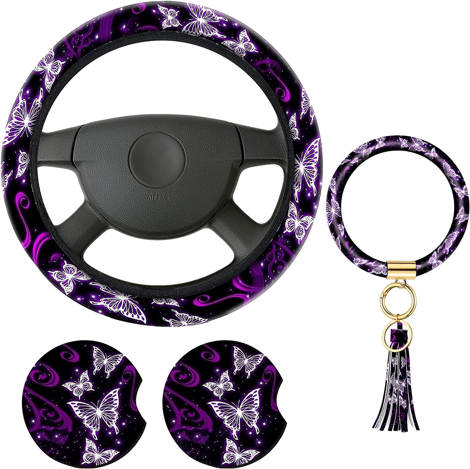 JiangHeng Butterfly Steering Wheel Cover Women's Auto Accessories Set with Car Cup Holder and